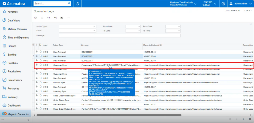 customer sync logs